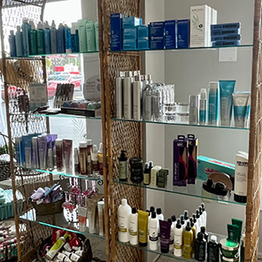 shelving with various hair products at Josephine's Salon & Spa